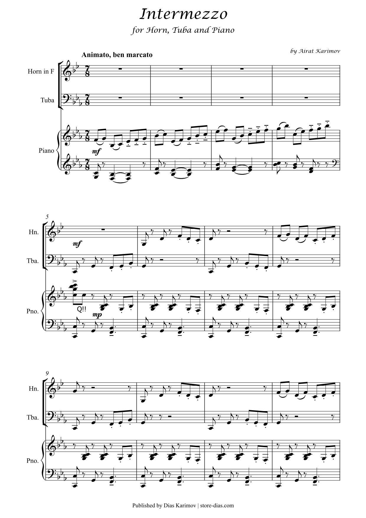 Intermezzo by Airat Karimov for horn, tuba and piano – first page of full score sheet music PDF preview