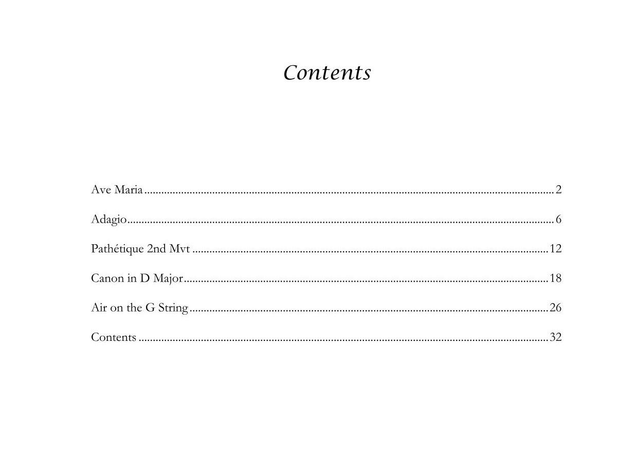 Contents page from Crossover Piano Book – Jazz & Contemporary Versions arranged by Dias Karimov